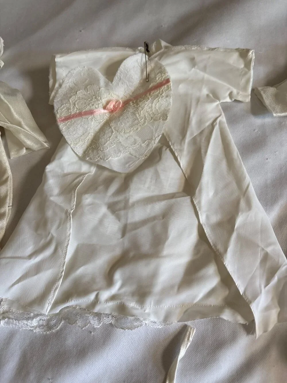 Vintage Doll Dress Set Satin & Lace 6 Outfits Ivory & Pink Bow Macthing Pillows